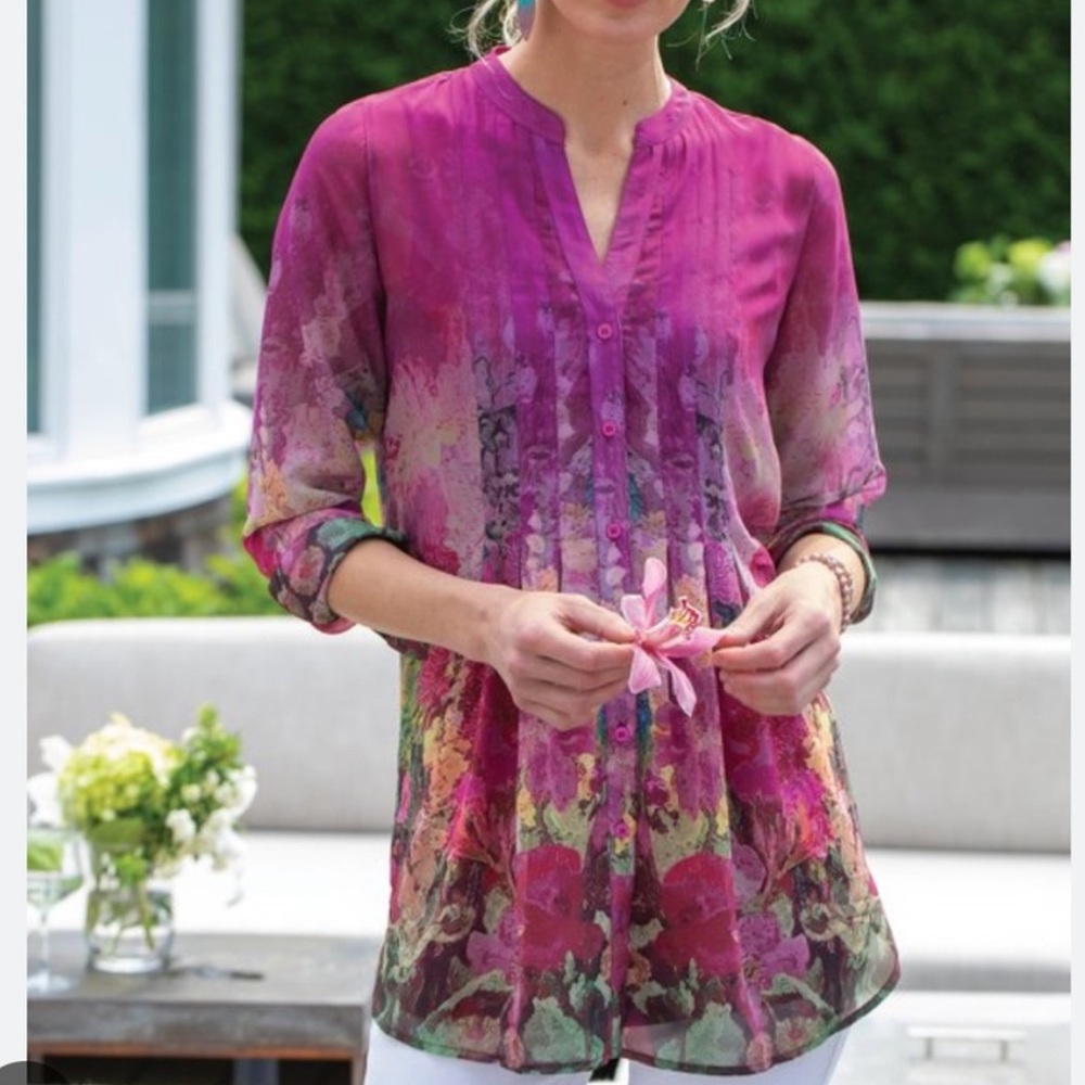 SOFT SURROUNDINGS Harmonia Size Large Sheer Button Front Watercolor Blouse Tunic